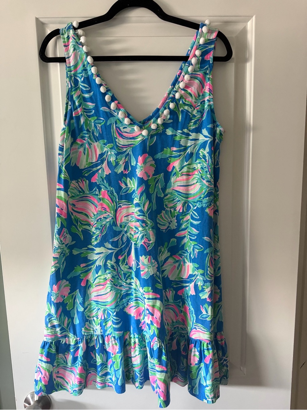 Lilly Pulitzer Blue Tropical Floral Pom-Pom Trim Ruffle Dress